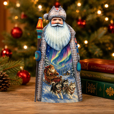Alaska Northern Lights Santa with Sled Dogs Handcrafted Wooden Figurine- Christmas Decoration by G. Debrekht – 210241