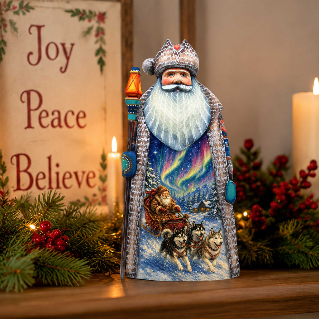 Alaska Northern Lights Santa with Sled Dogs Handcrafted Wooden Figurine- Christmas Decoration by G. Debrekht – 210241