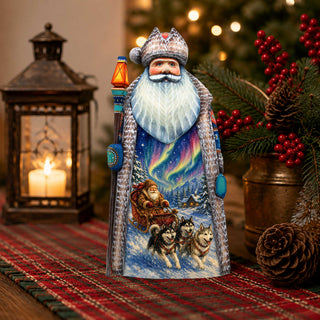 Alaska Northern Lights Santa with Sled Dogs Handcrafted Wooden Figurine- Christmas Decoration by G. Debrekht – 210241