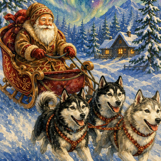 Alaska Northern Lights Santa with Sled Dogs Handcrafted Wooden Figurine- Christmas Decoration by G. Debrekht – 210241
