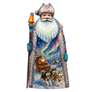 Alaska Northern Lights Santa with Sled Dogs Handcrafted Wooden Figurine- Christmas Decoration by G. Debrekht – 210241