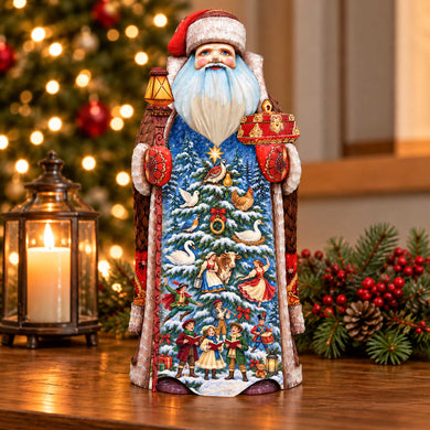 A detailed figurine of Santa Claus, adorned with various Christmas decorations, sits on a wooden surface. The figurine is surrounded by a festive atmosphere, with a lit lantern and a Christmas tree in the background.