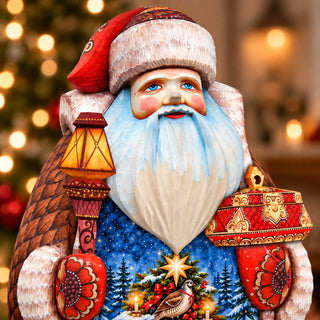 A detailed and colorful wooden Santa Claus figurine, adorned with various holiday decorations and ornaments, is the central focus of the image.