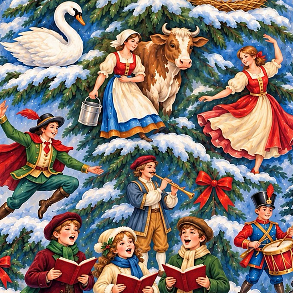 The image is a vibrant and lively Christmas scene featuring a group of children and adults dressed in traditional clothing, singing and playing musical instruments, surrounded by a snowy landscape with a swan and a cow.