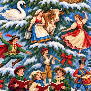 The image is a vibrant and lively Christmas scene featuring a group of children and adults dressed in traditional clothing, singing and playing musical instruments, surrounded by a snowy landscape with a swan and a cow.