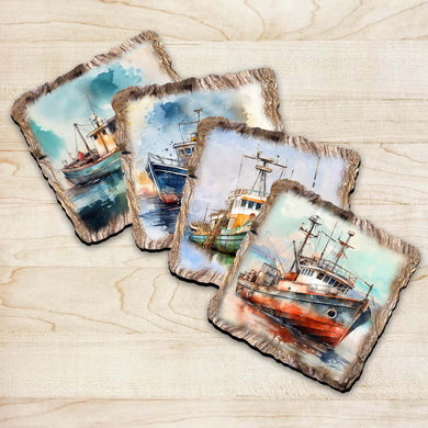 Fishing Boats Wooden Cork Coasters Gift Set of 4 by Nature Wonders Nature Wildlife Decor  - 95402C-S4