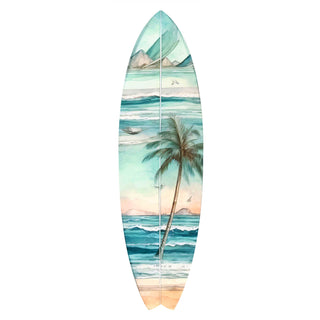 A watercolor painting of a surfboard with a tropical beach scene, including palm trees, waves, and mountains.