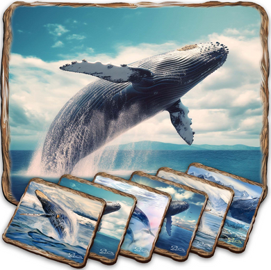 A large, majestic humpback whale is captured in mid-air, leaping out of the ocean with its powerful tail flapping in the wind. The scene is set against a backdrop of a cloudy sky and the vast expanse of the ocean.