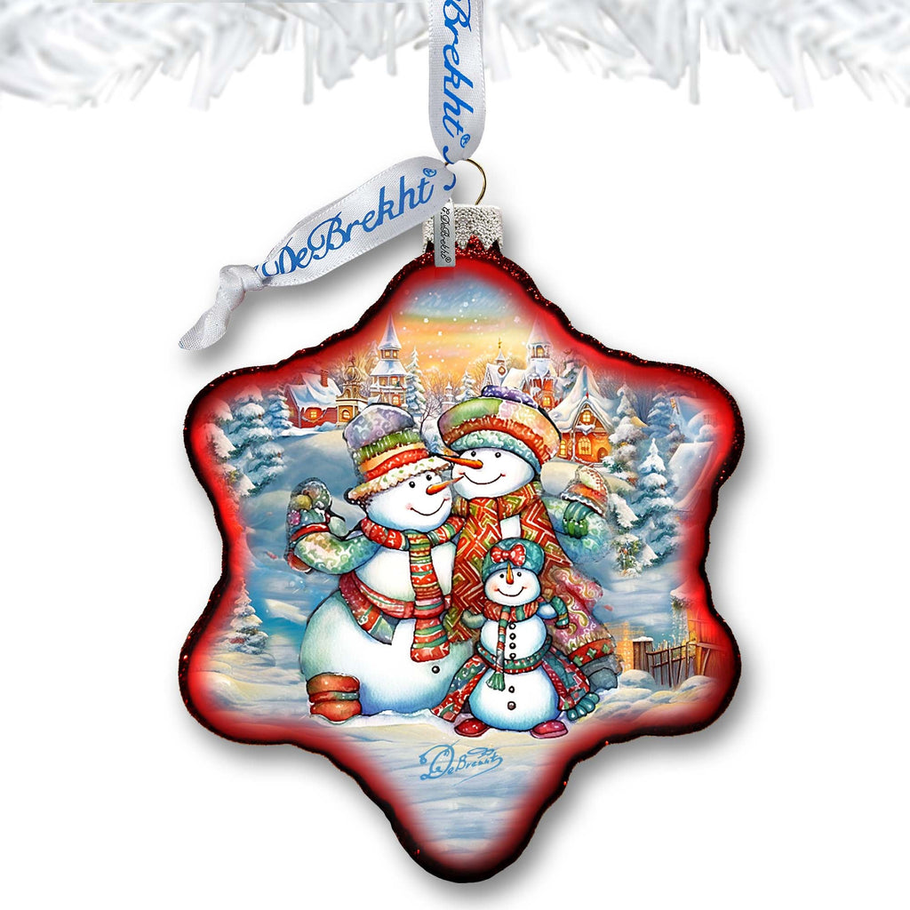 Cheerful Snowmen Snowflake Glass Ornament by G. Debrekht - Christmas Santa Snowman Decor - 754-046
