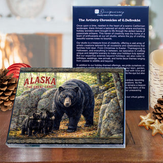 a framed print of a painting of a bear in a forest, with the text 