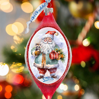 A red ornament with a picture of Santa Claus holding a gift and a small dog, surrounded by Christmas lights.