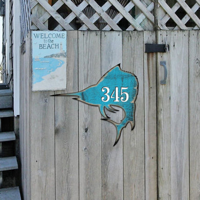 Swordfish Coastal Personalized House Number Sign by G. Odebrecht - Coastal Sea-Life Decor - Handcrafted Wooden Handcrafted Wooden Handcrafted Wooden Address Sign - MA98549