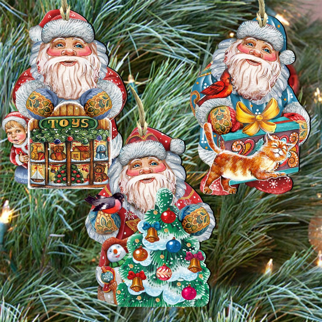 Gift Giving Santa Wooden Ornaments Set of 3 by G. DeBrekht - Christmas Santa Snowman Decor - 8100006S3