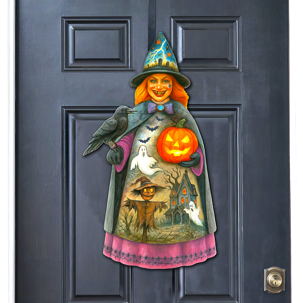 A Halloween-themed door decoration featuring a witch holding a jack-o-lantern and a black crow.