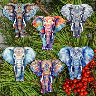 Elephants Clip-On Eco Wood Decorative Ornaments Set of 6 by G. Debrekht - Christmas Decor - 8090036C-S6