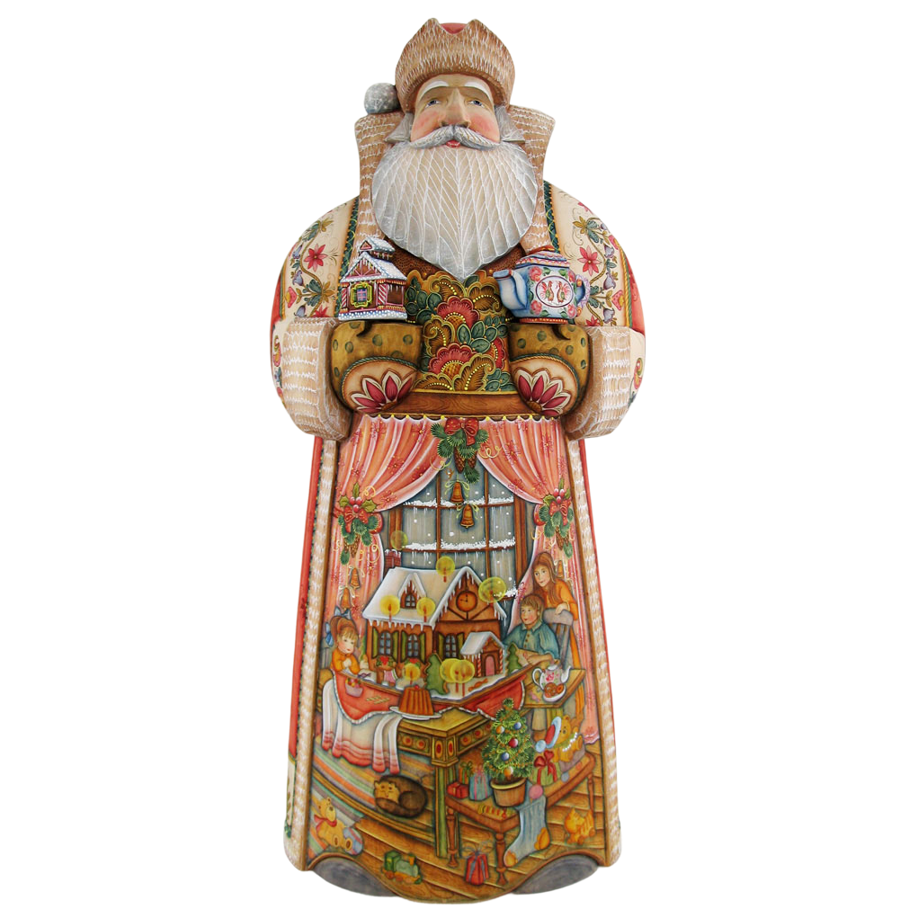 A colorful and intricately detailed wooden Santa Claus figurine, featuring a vibrant and detailed scene of a Christmas tree, ornaments, and other festive elements.