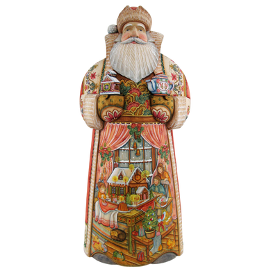 A colorful and intricately detailed wooden Santa Claus figurine, featuring a vibrant and detailed scene of a Christmas tree, ornaments, and other festive elements.