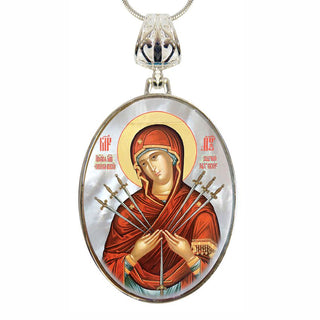 Virgin Mary of The Seven Swords Silver Plated Mother of Pearl Necklace - 43037