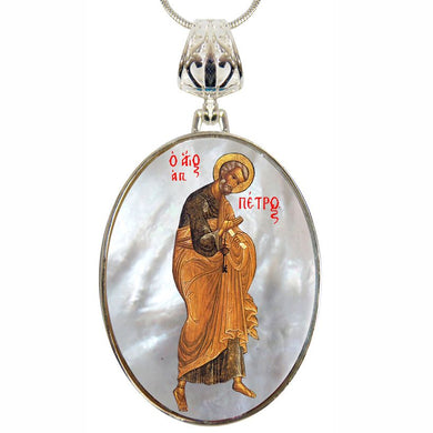Saint Peter Small Oval Silver-Plated Mother of Pearl Necklace - 43042