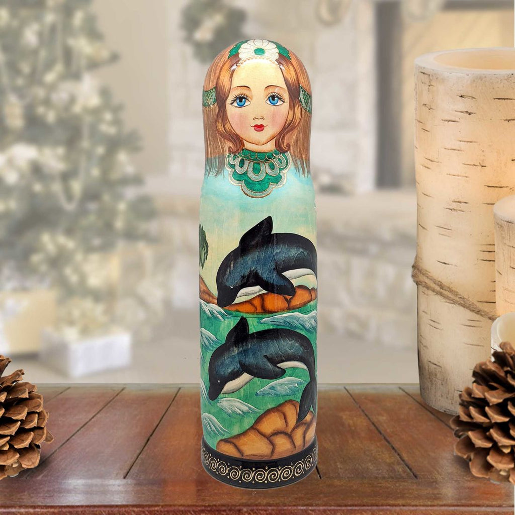 Dolphins Hand-Painted Wooden Bottle Holder, Wine Box, Tall Gift Box by G. DeBrekht - Coastal Holiday Decor - 190813