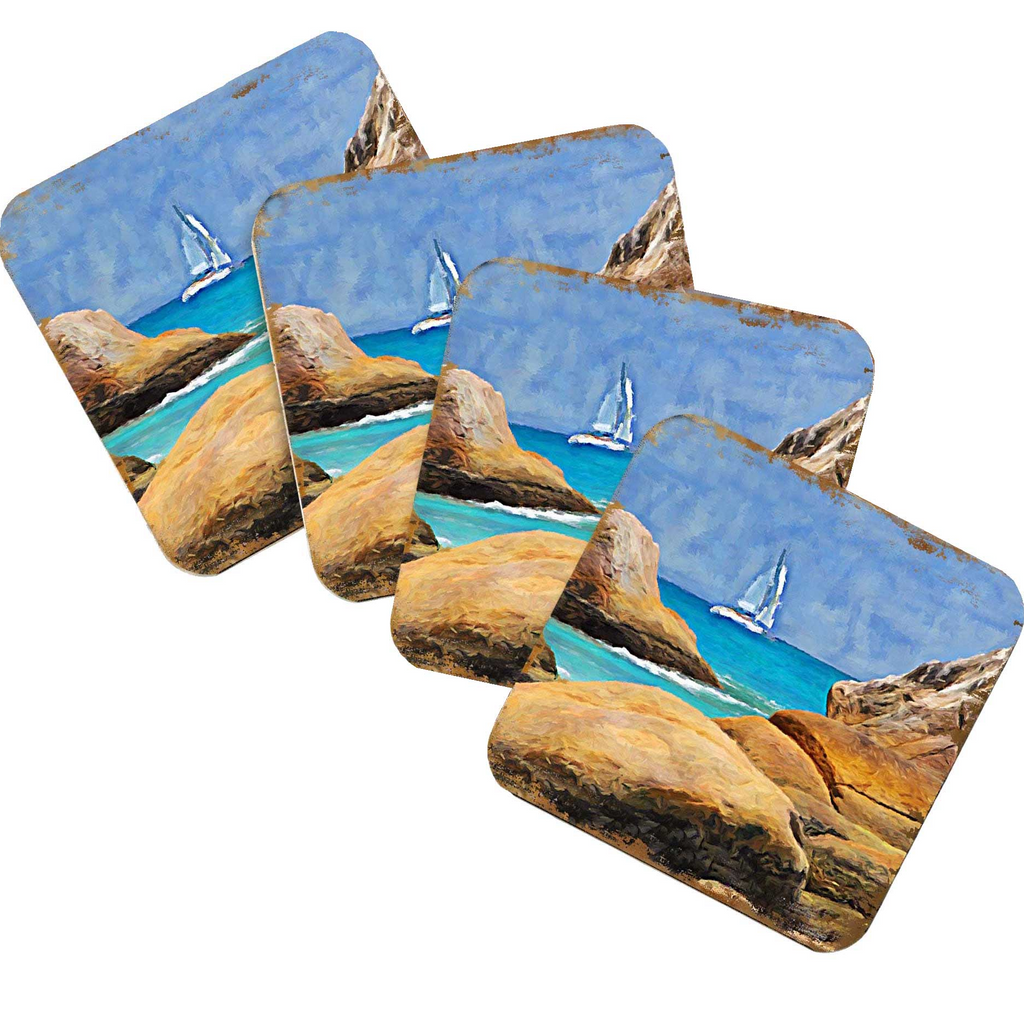 A set of four coasters featuring a scenic landscape with a sailboat on the water and rocky cliffs in the background.