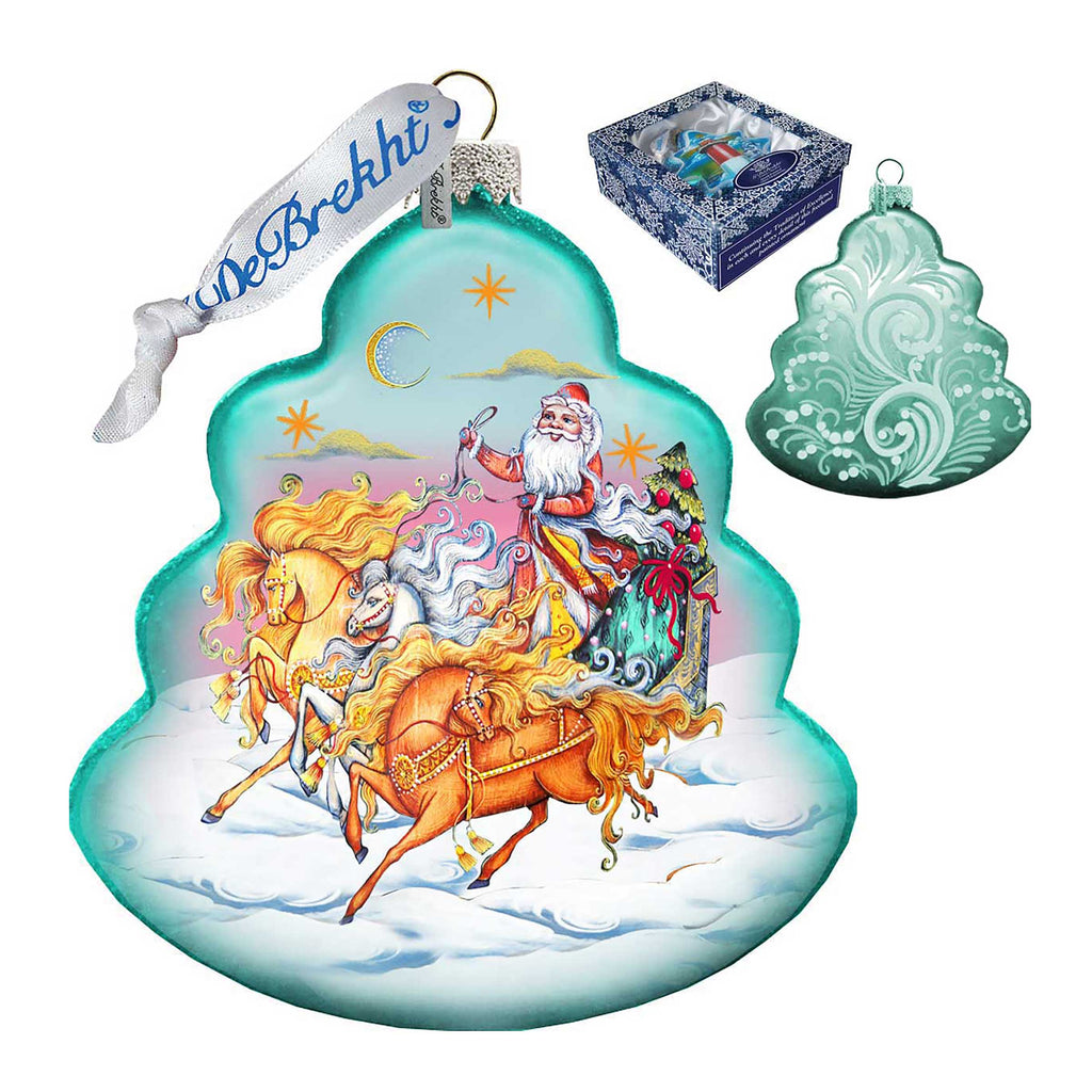 Sleigh Ride Tree Glass Ornament by G. DeBrekht - Christmas Santa Snowman Decor - 762-018