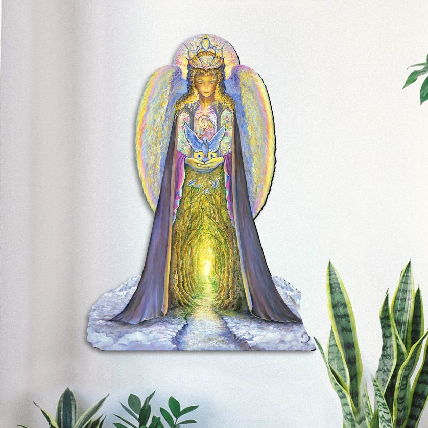 a colorful and detailed depiction of a female figure with wings, standing on a platform and holding a cat. The background appears to be a tunnel or pathway, adding depth and intrigue to the scene.