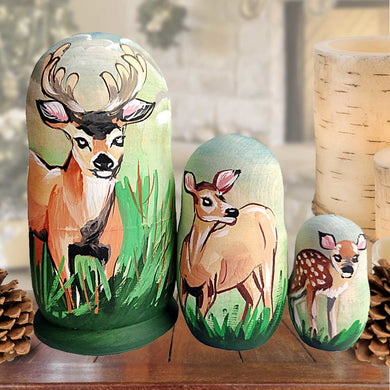 Reindeers Matreshka Nesting Hand-Painted Doll Set of 3 by G. DeBrekht - Wildlife Holiday Decor - 14776
