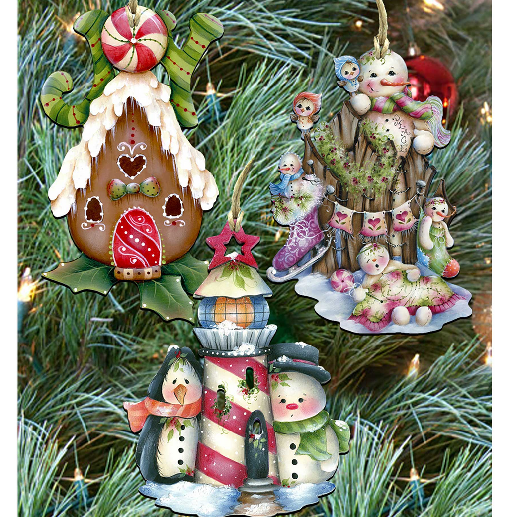 a collection of whimsical and colorful Christmas ornaments, including a gingerbread house, a lighthouse, and a snowman, all set against a backdrop of a Christmas tree.