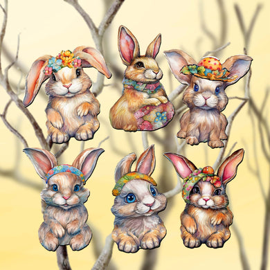 Easter Bunnies Clip-On Eco Wood Decorative Ornaments Set of 6 by G. Debrekht - Easter Decor - 8090042C-S6