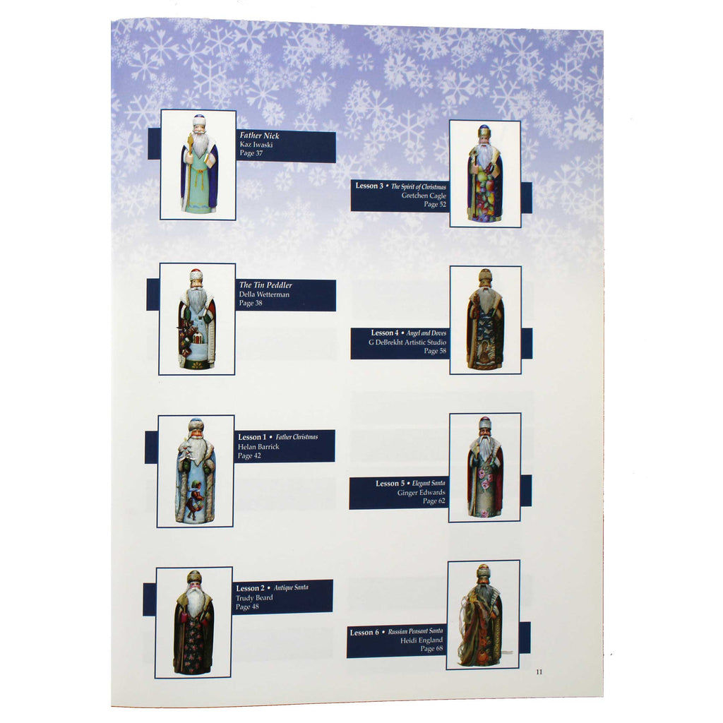 a collection of figurines, including Santa Claus, a reindeer, and other Christmas-themed characters, arranged in a grid format.