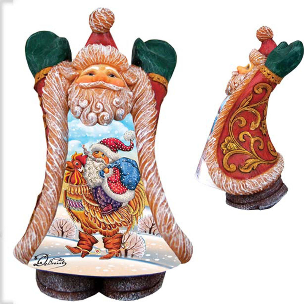 a Christmas-themed ceramic figurine depicting Santa Claus and a rooster.
