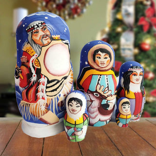 Eskimo Matreshka Nesting Hand-Painted Doll Set of 5 by G. DeBrekht - Wildlife Holiday Decor - 140179