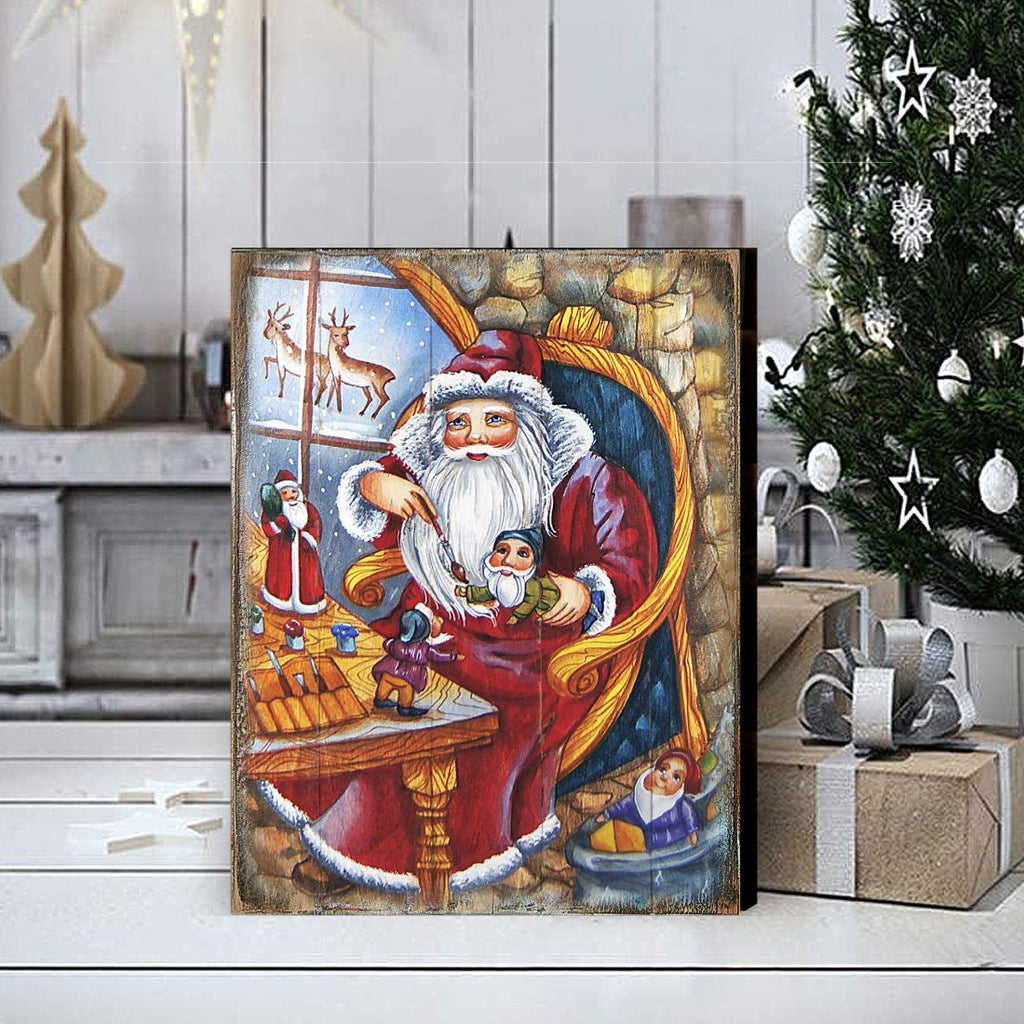 Christmas Workshop Santa Wooden Wall Art by G. DeBrekht - Christmas Santa Snowman Decor - 81215625B