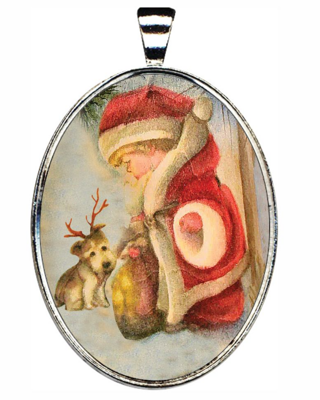 A pendant featuring a painting of a young girl in a red Santa Claus outfit, with a small dog wearing antlers on her head.