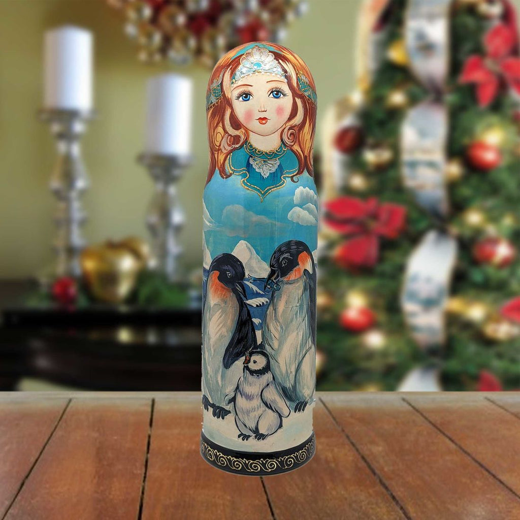 Penguins Hand-Painted Wooden Bottle Holder, Wine Box, Tall Gift Box by G. DeBrekht - Coastal Holiday Decor - 190812