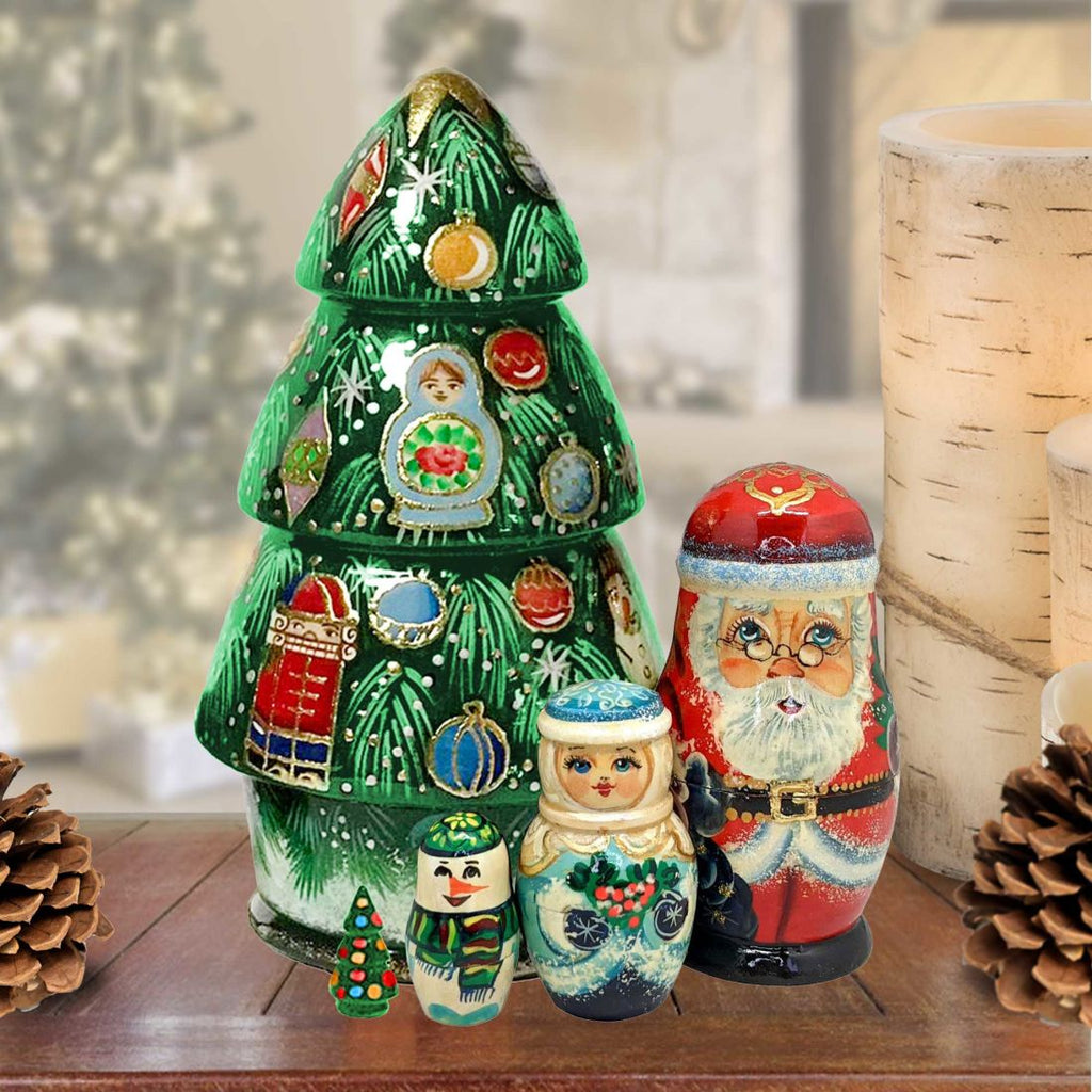 Santa Family Christmas Matreshka Nesting Hand-Painted Doll Set of 5 by G. DeBrekht - Christmas Santa Snowman Decor - 110175