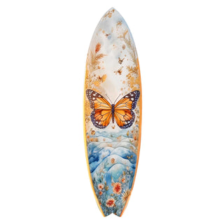 a surfboard with a butterfly design on it.
