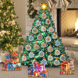 A large, elaborately decorated Christmas tree stands in a cozy living room, surrounded by colorful presents and a fireplace.