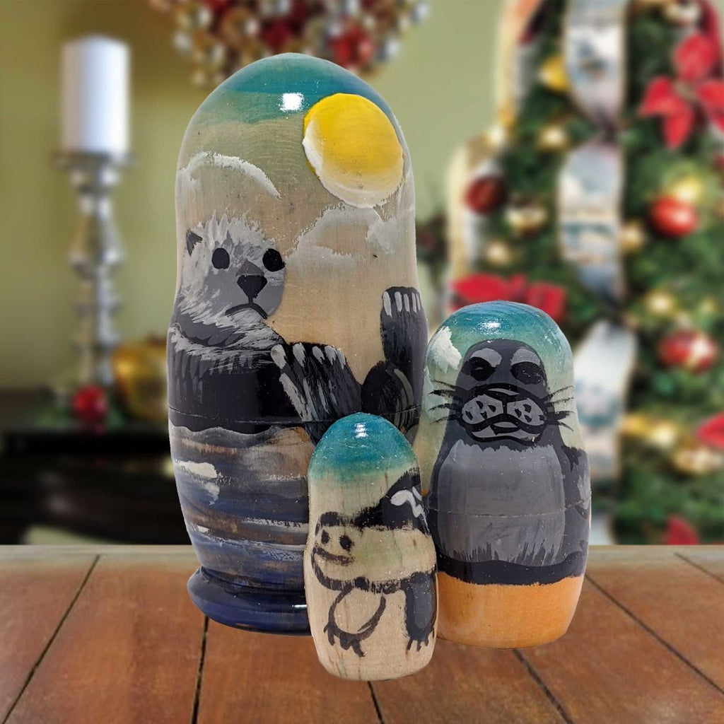 Sea Otter Matreshka Nesting Hand-Painted Doll Set of 3 by G. DeBrekht - Wildlife Holiday Decor - 14762