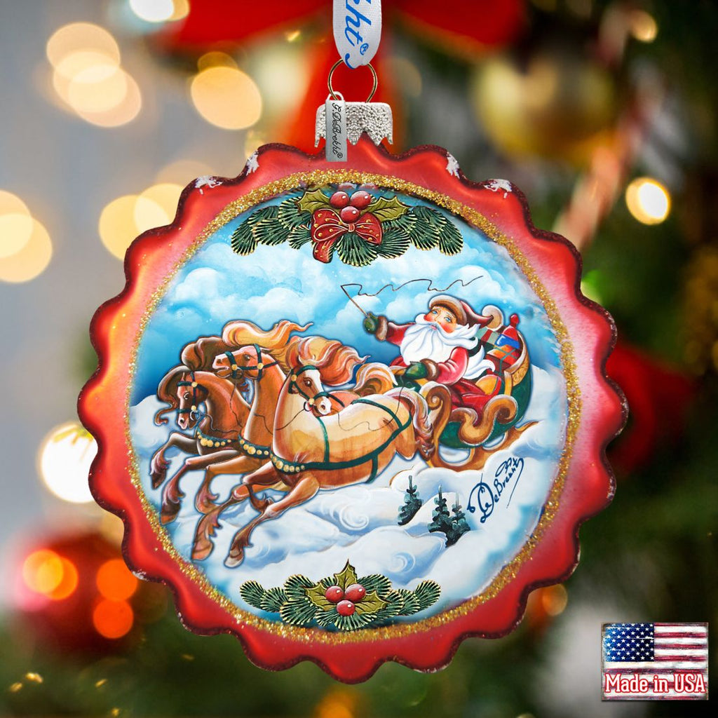 Sleigh Ride Flower Glass Ornament by G. DeBrekht - Christmas Santa Snowman Decor - 759-003