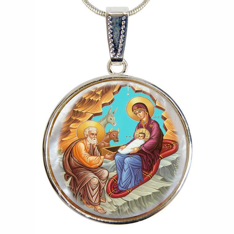 Orthodox Nativity Silver Plated Mother of Pearl Necklace Jewelry