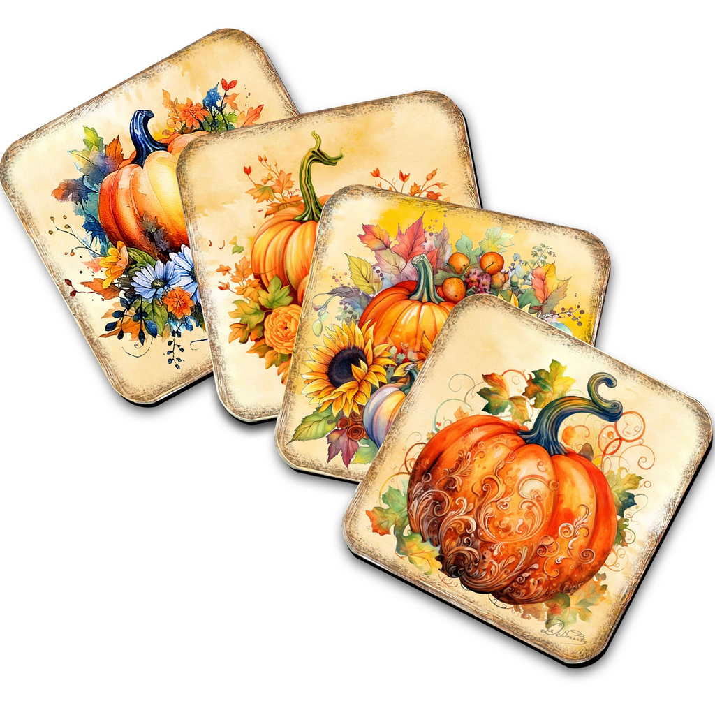 four square coasters with autumn-themed designs, featuring pumpkins, sunflowers, and other fall-colored elements.