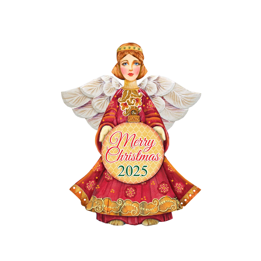 An illustration of an angel figure holding a sign that says 