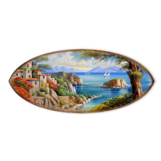 The image is a painting depicting a picturesque coastal scene with a small island, a sailboat, and a castle-like structure in the background.