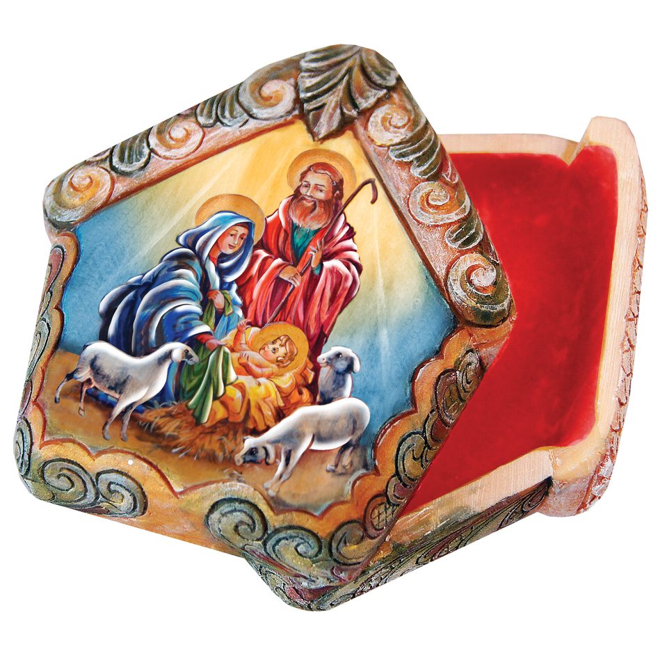 a colorful, intricately designed box with a painted scene of the nativity scene, including the baby Jesus, Mary, and Joseph.