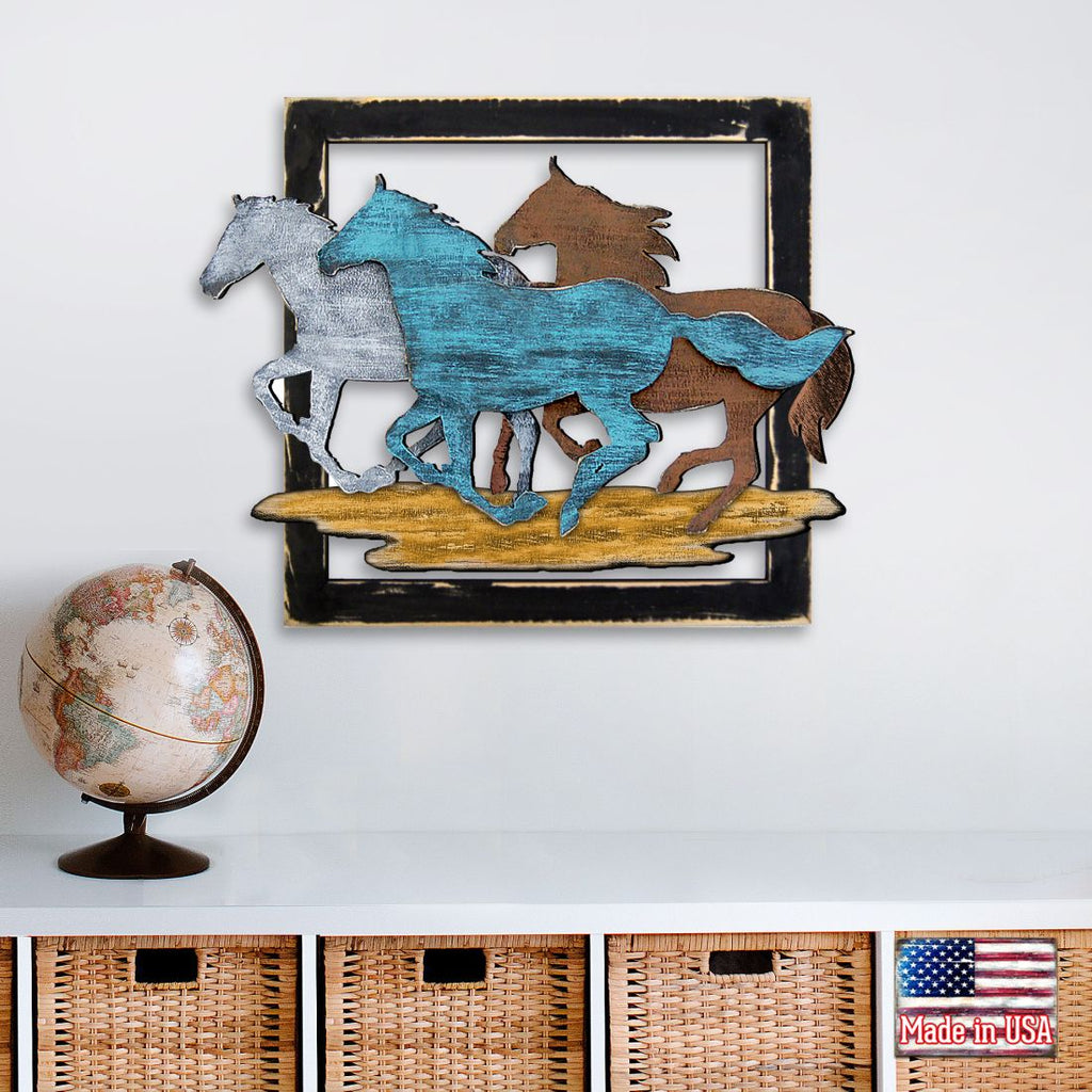 Wild Stallions in Frame Wooden Wall Decor by G. DeBrekht - Nature Wildlife Decor  - G98159S3