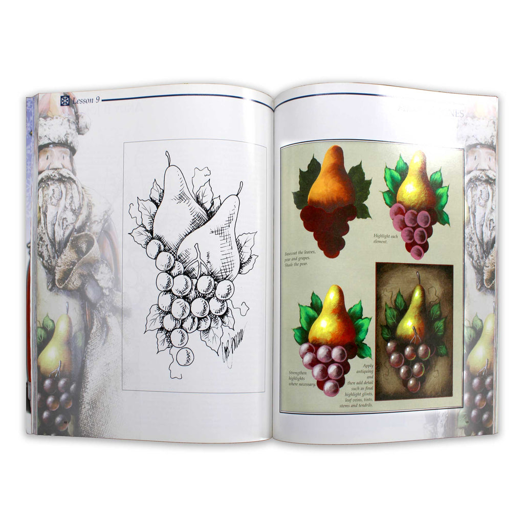 The image is an open book with two pages. The left page features a black and white illustration of a bunch of grapes, while the right page displays a painting of a pear and a bunch of grapes.