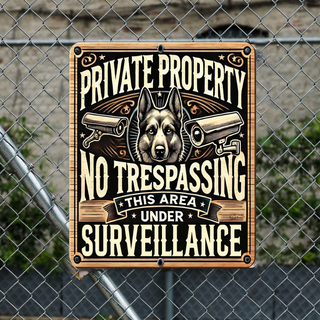 a sign with a dog's head and two security cameras, indicating a private property with no trespassing and no surveillance.