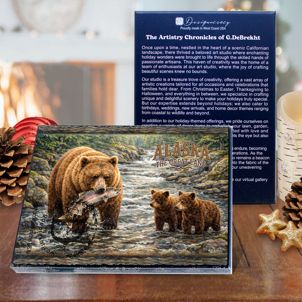 a large painting of a bear holding a fish in its mouth, with a smaller painting of two bears in the background, all set against a natural landscape. The painting is titled 
